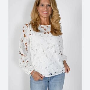 White House Black Market Embroidered Butterfly White Long Sleeve Cut Out  Top
